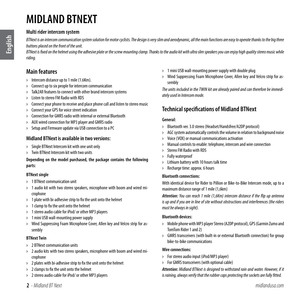 Main features, Technical specifications of midland btnext, Midland btnext | English | MIDLAND BT NEXT User Manual | Page 2 / 16