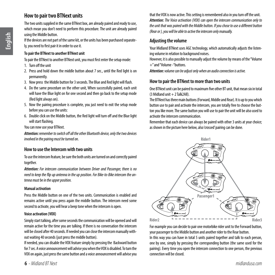 How to pair two btnext units, English | MIDLAND BT NEXT User Manual | Page 6 / 16