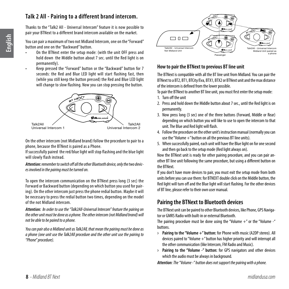 Talk 2 all - pairing to a different brand intercom, Pairing the btnext to bluetooth devices, English | MIDLAND BT NEXT User Manual | Page 8 / 16