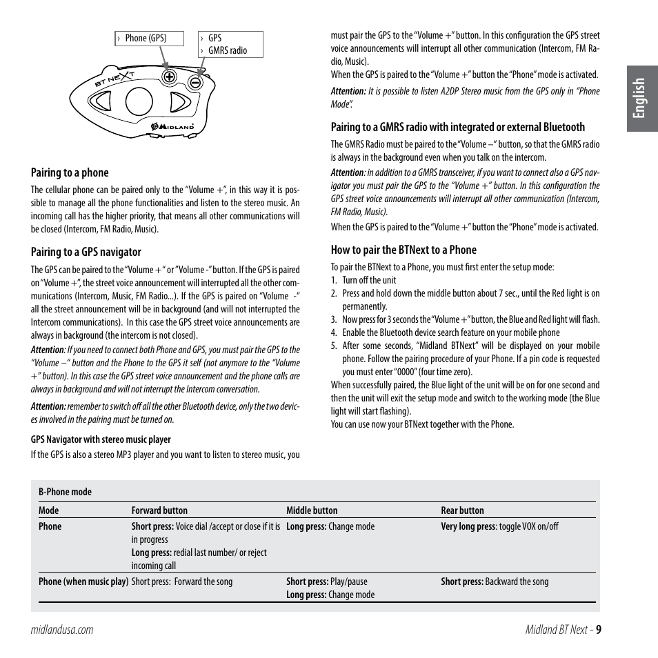 English | MIDLAND BT NEXT User Manual | Page 9 / 16