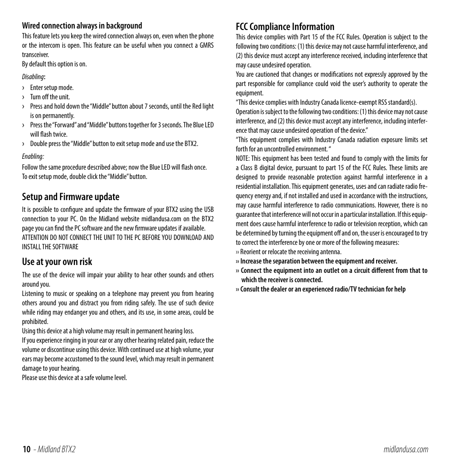 Setup and firmware update, Use at your own risk, Fcc compliance information | MIDLAND BTX2 User Manual | Page 10 / 13