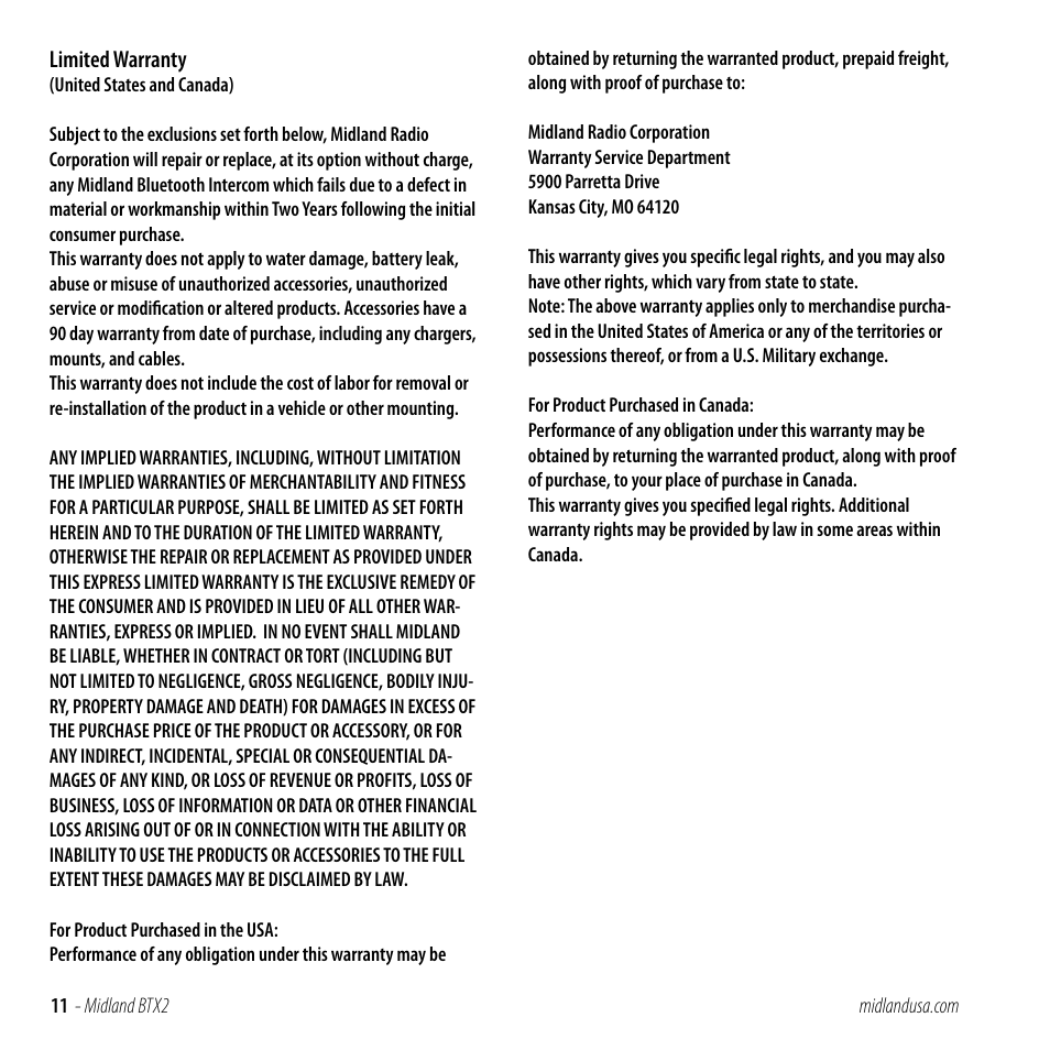 Limited warranty | MIDLAND BTX2 User Manual | Page 11 / 13