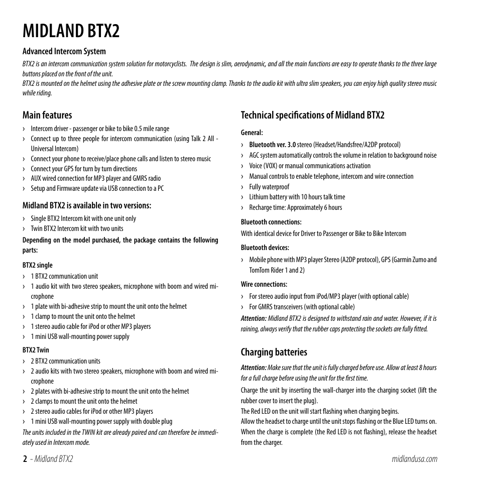 Main features, Technical specifications of midland btx2, Charging batteries | Midland btx2 | MIDLAND BTX2 User Manual | Page 2 / 13