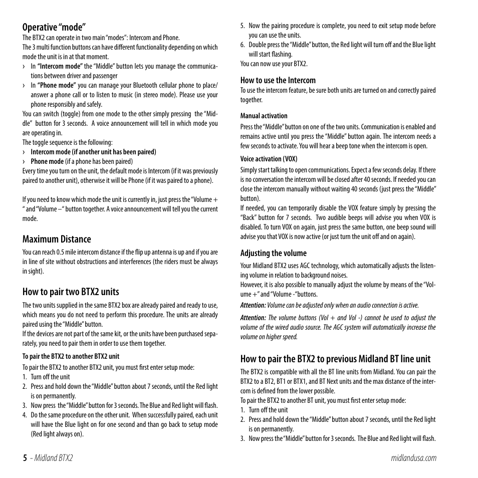 Maximum distance, How to pair two btx2 unit, Operative “mode | How to pair two btx2 units | MIDLAND BTX2 User Manual | Page 5 / 13