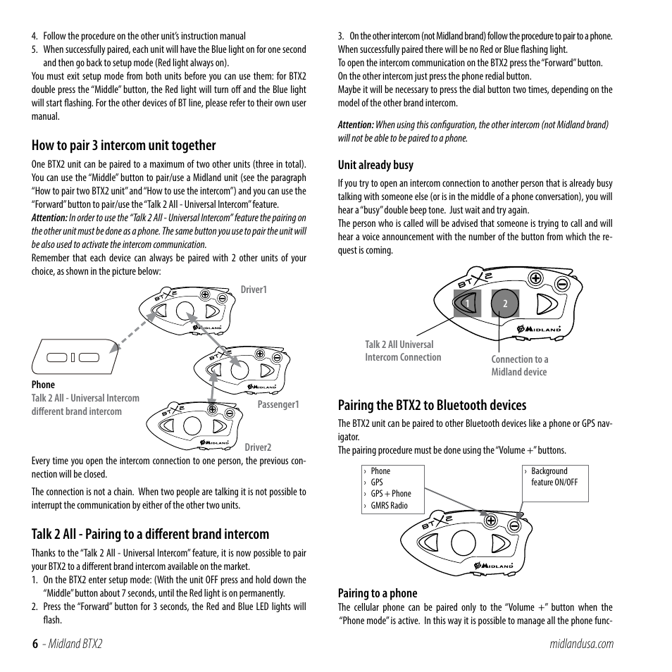How to pair 3 intercom unit together, Talk 2 all - pairing to a different brand intercom, Pairing the btx2 to bluetooth devices | MIDLAND BTX2 User Manual | Page 6 / 13