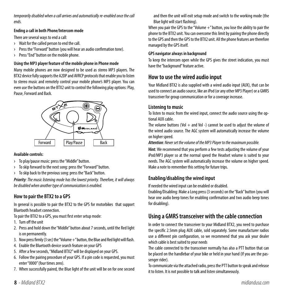 How to use the wired audio input, Using a gmrs transceiver with the cable connection | MIDLAND BTX2 User Manual | Page 8 / 13