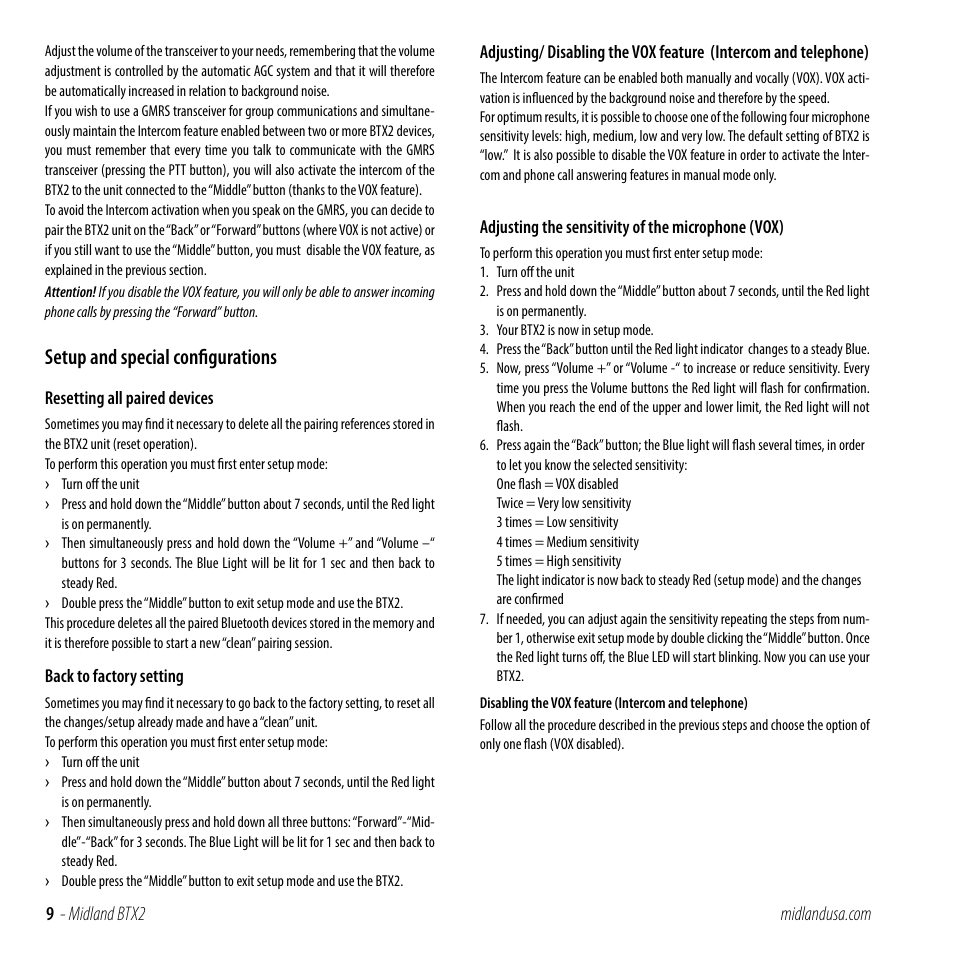 Setup and special configurations | MIDLAND BTX2 User Manual | Page 9 / 13