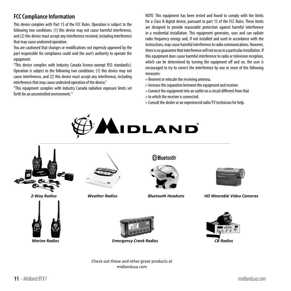 Fcc compliance information | MIDLAND BTX1 User Manual | Page 11 / 11