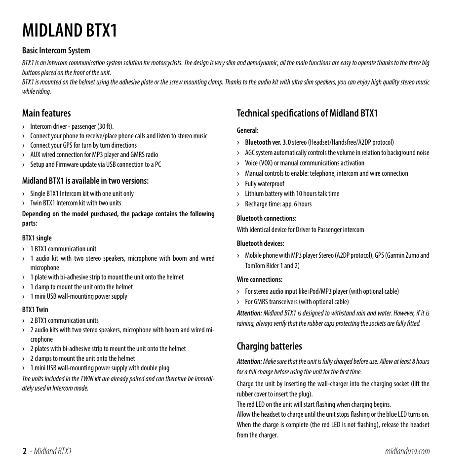 Main features, Technical specifications of midland btx1, Charging batteries | Midland btx1 | MIDLAND BTX1 User Manual | Page 2 / 11