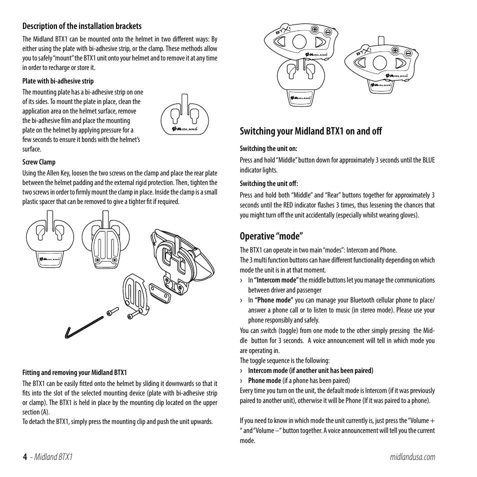 Switching your midland btx1 on and off, Operative “mode | MIDLAND BTX1 User Manual | Page 4 / 11