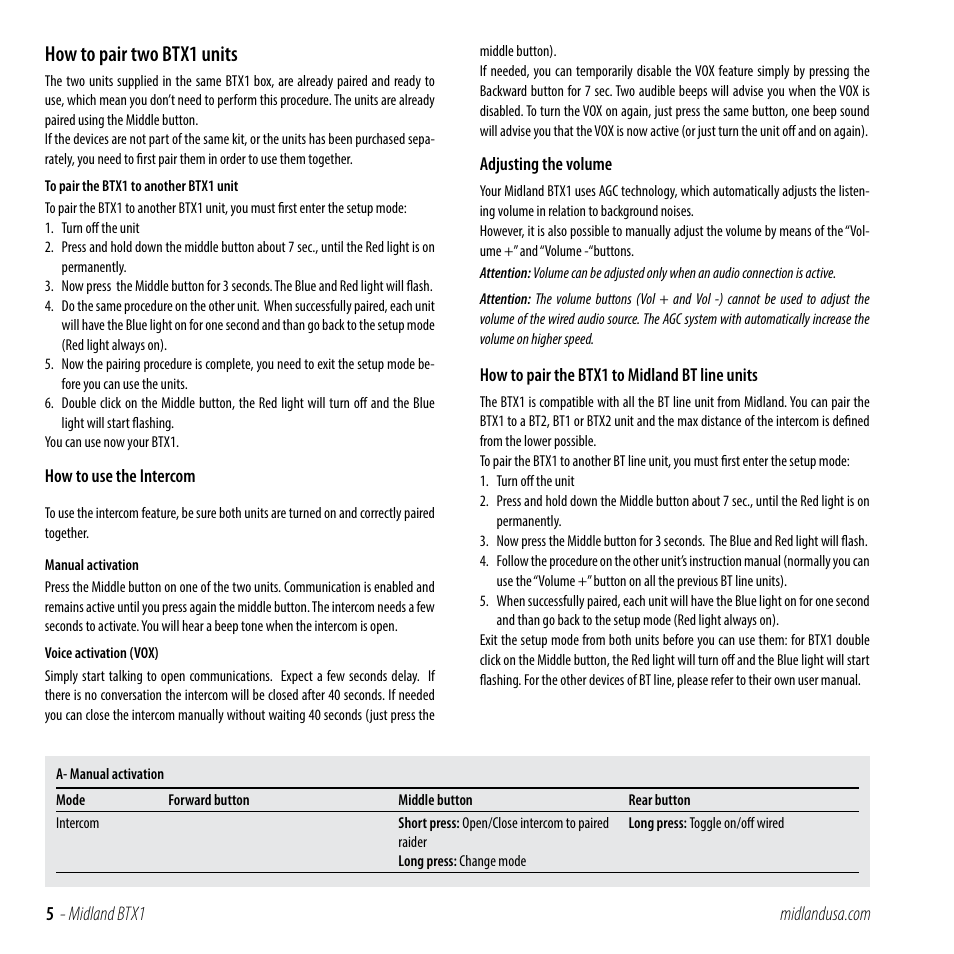 How to pair two btx1 unit, How to pair two btx1 units | MIDLAND BTX1 User Manual | Page 5 / 11