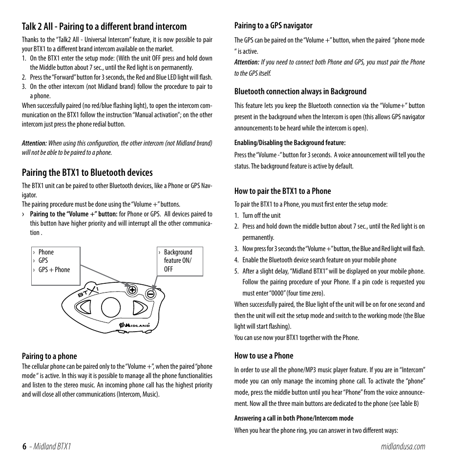 Talk 2 all - pairing to a different brand intercom, Pairing the btx1 to bluetooth devices | MIDLAND BTX1 User Manual | Page 6 / 11