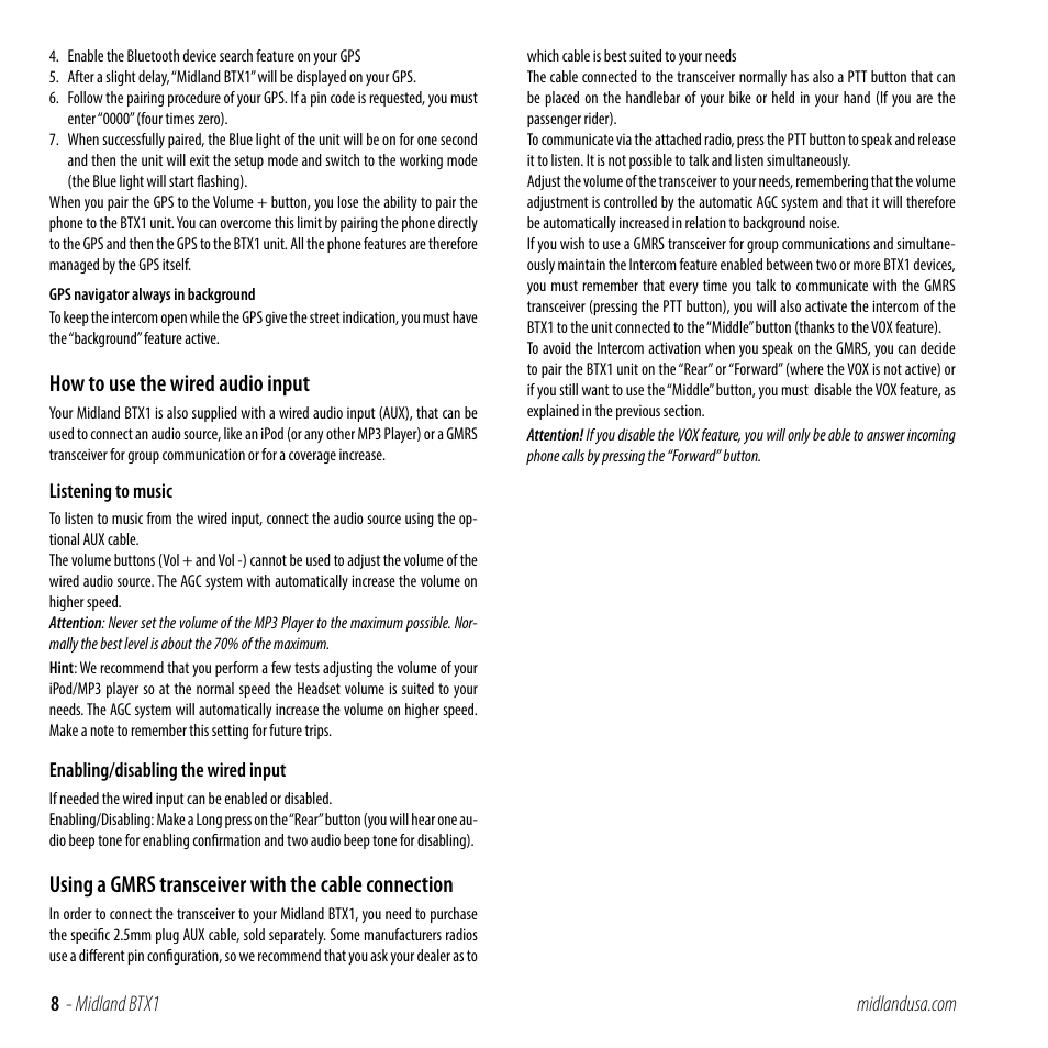 How to use the wired audio input, Using a gmrs transceiver with the cable connection | MIDLAND BTX1 User Manual | Page 8 / 11