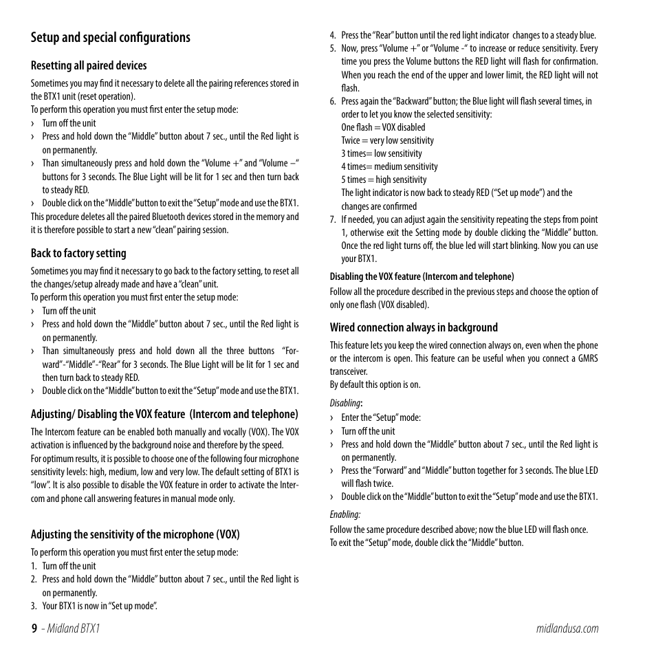 Setup and special configurations | MIDLAND BTX1 User Manual | Page 9 / 11