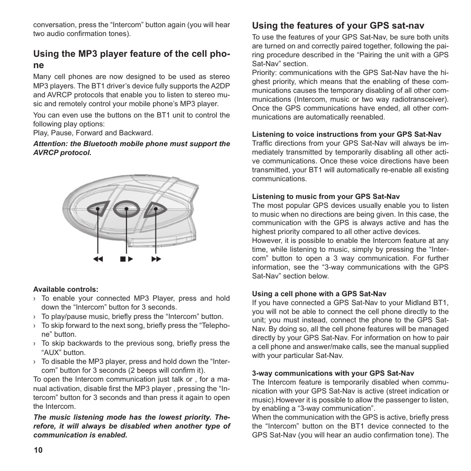 Using the mp3 player feature of the cell pho- ne, Using the features of your gps sat-nav | MIDLAND BT1 User Manual | Page 10 / 21