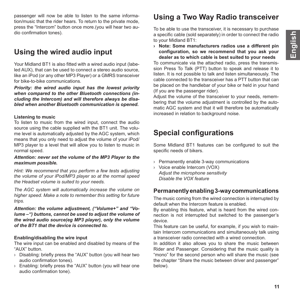 En g li s h, Using the wired audio input, Using a two way radio transceiver | Special conﬁgurations | MIDLAND BT1 User Manual | Page 11 / 21