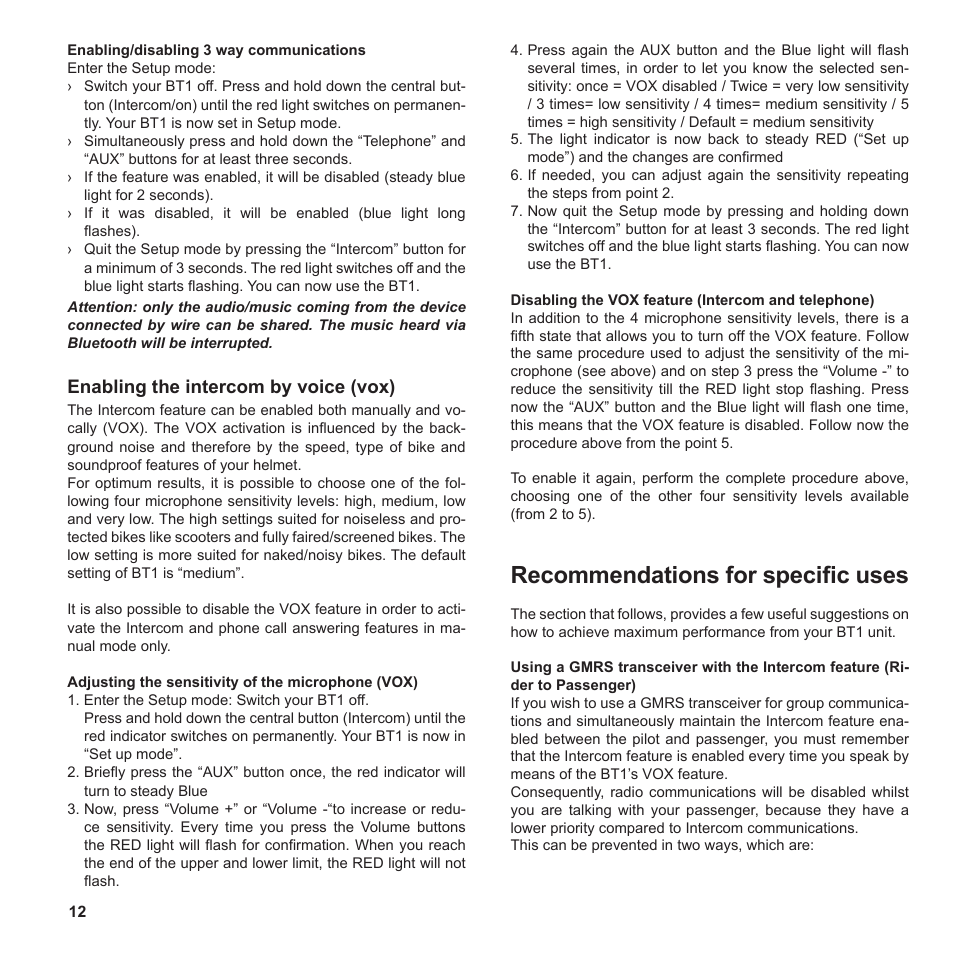 Recommendations for speciﬁc uses, Enabling the intercom by voice (vox) | MIDLAND BT1 User Manual | Page 12 / 21