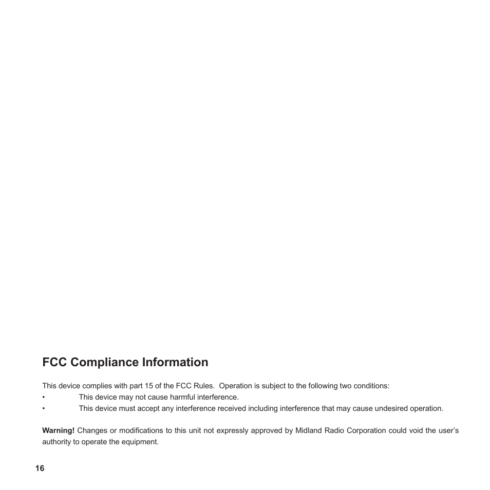 Fcc compliance information | MIDLAND BT1 User Manual | Page 16 / 21