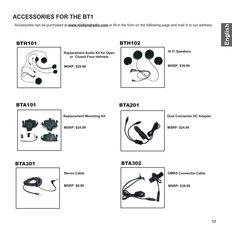 En g li s h accessories for the bt1 | MIDLAND BT1 User Manual | Page 17 / 21