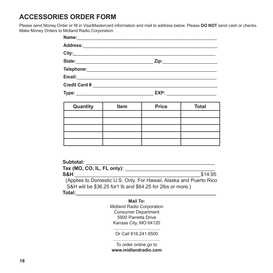 Accessories order form | MIDLAND BT1 User Manual | Page 18 / 21