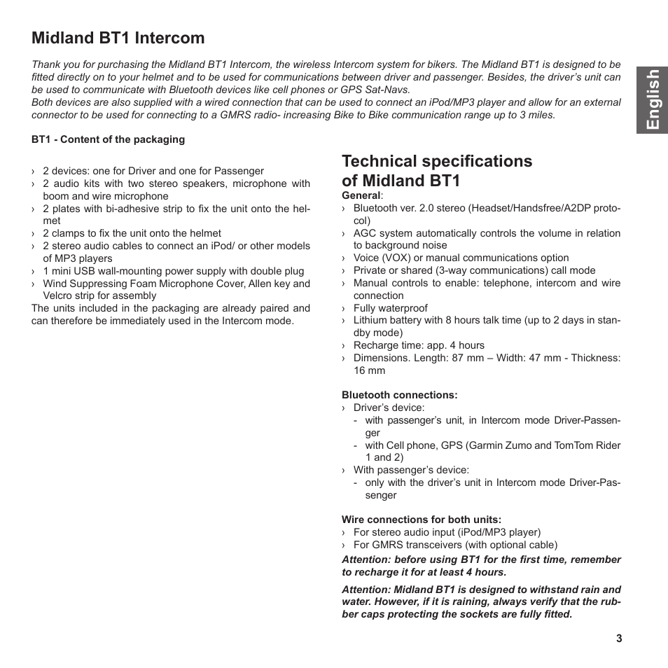 En g li s h midland bt1 intercom, Technical speciﬁcations of midland bt1 | MIDLAND BT1 User Manual | Page 3 / 21