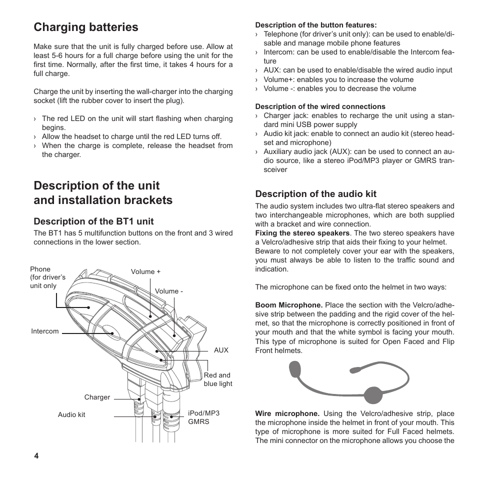 Charging batteries, Description of the unit and installation brackets, Description of the bt1 unit | Description of the audio kit | MIDLAND BT1 User Manual | Page 4 / 21
