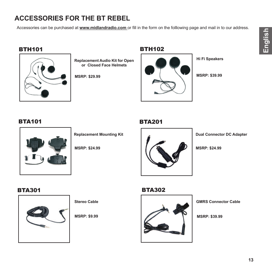 En g li s h accessories for the bt rebel | MIDLAND BT Rebel User Manual | Page 13 / 17