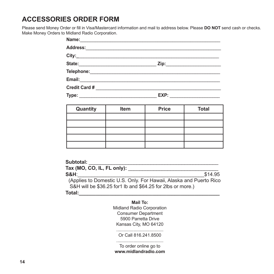 Accessories order form | MIDLAND BT Rebel User Manual | Page 14 / 17