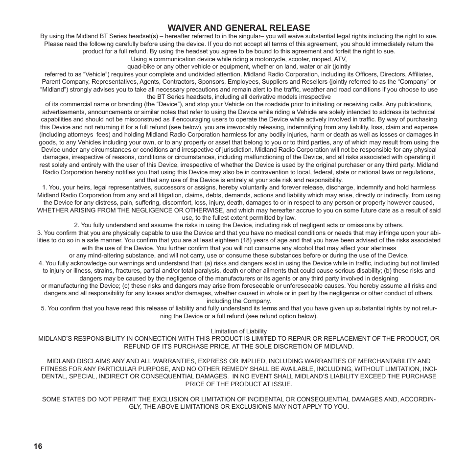 Waiver and general release | MIDLAND BT Rebel User Manual | Page 16 / 17