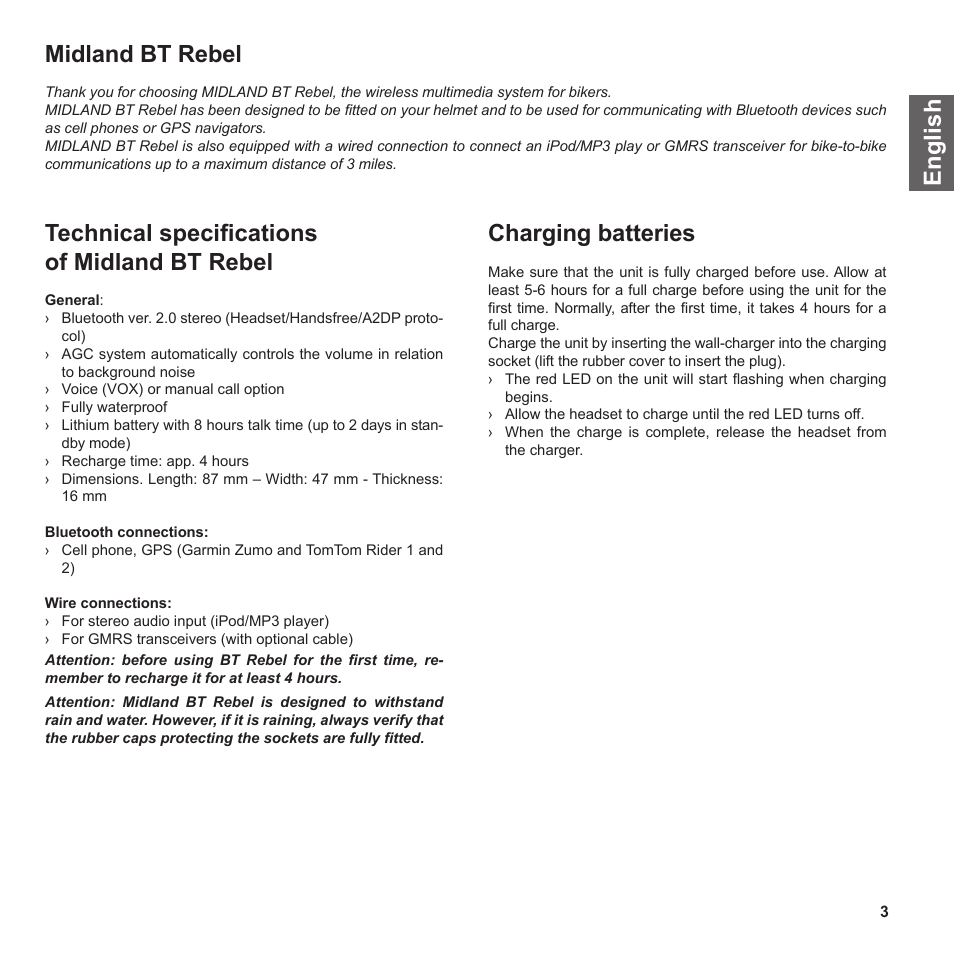 En g li s h midland bt rebel, Technical speciﬁcations of midland bt rebel, Charging batteries | MIDLAND BT Rebel User Manual | Page 3 / 17