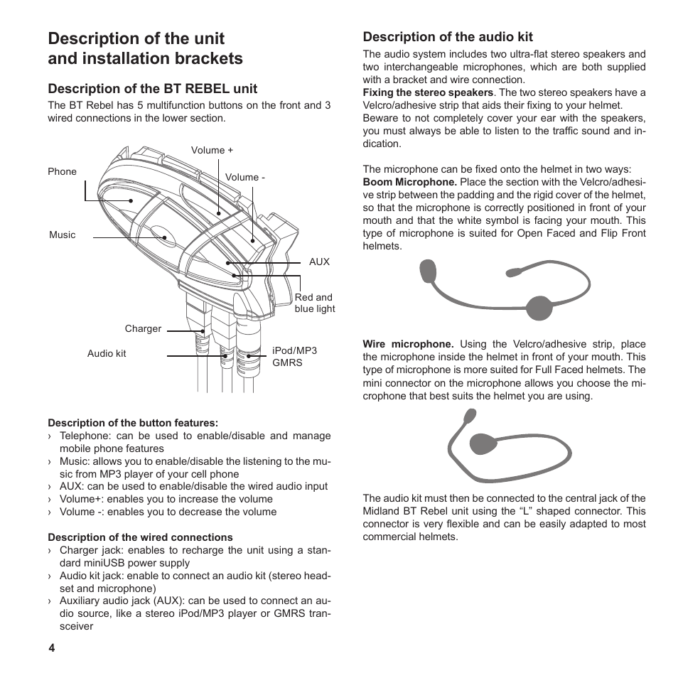 Description of the unit and installation brackets, Description of the bt rebel unit, Description of the audio kit | MIDLAND BT Rebel User Manual | Page 4 / 17