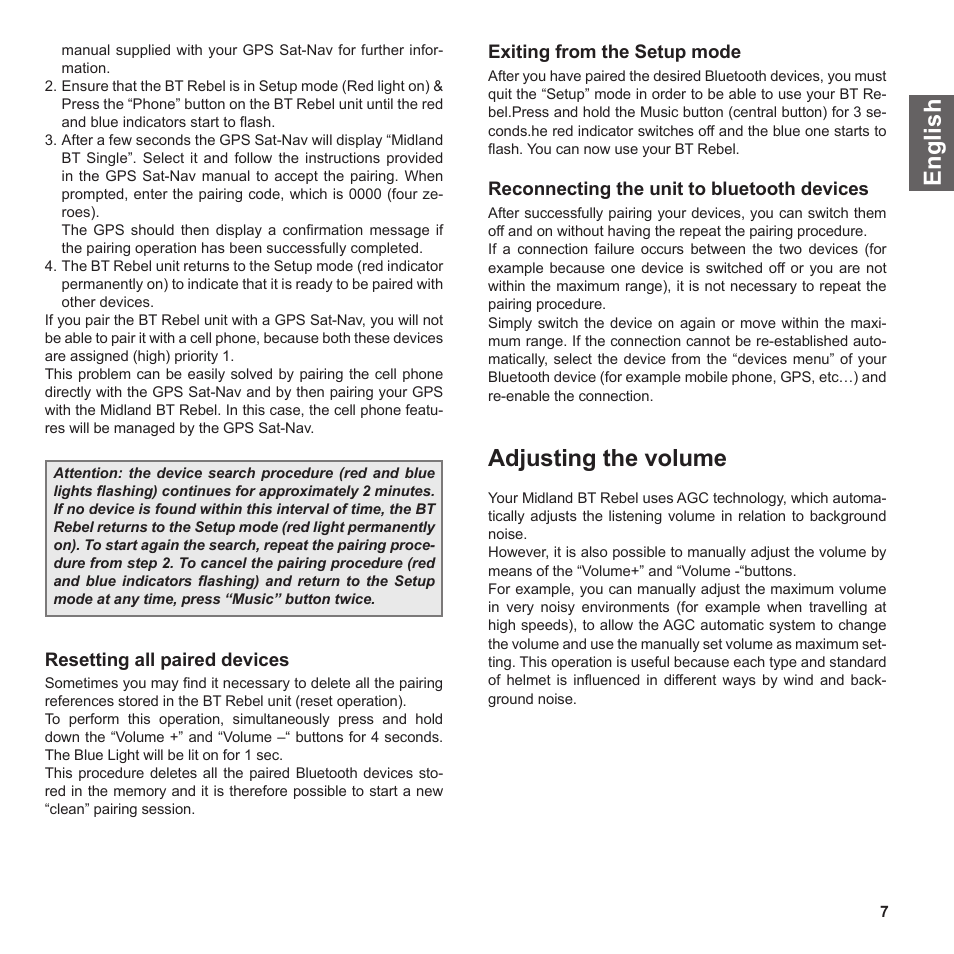 En g li s h, Adjusting the volume | MIDLAND BT Rebel User Manual | Page 7 / 17