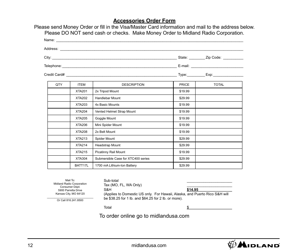 Accessories order form | MIDLAND XTC 400 User Manual | Page 12 / 14