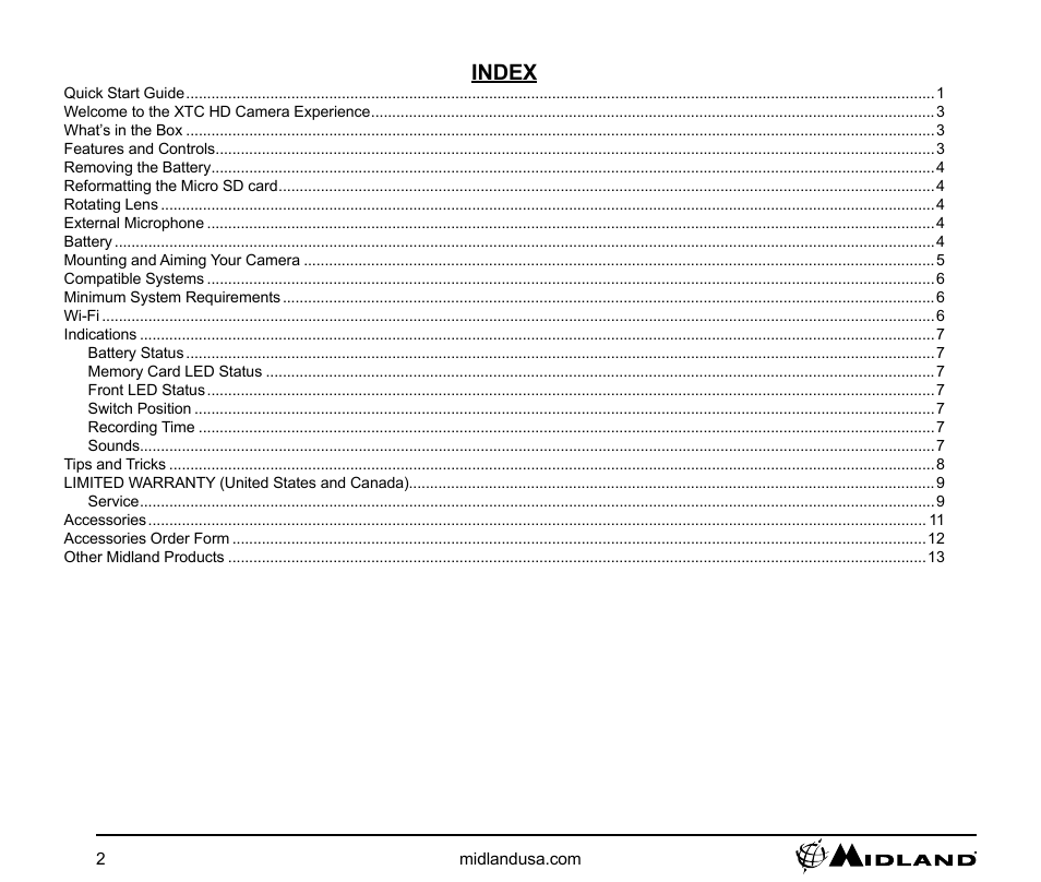 Index | MIDLAND XTC 400 User Manual | Page 2 / 14