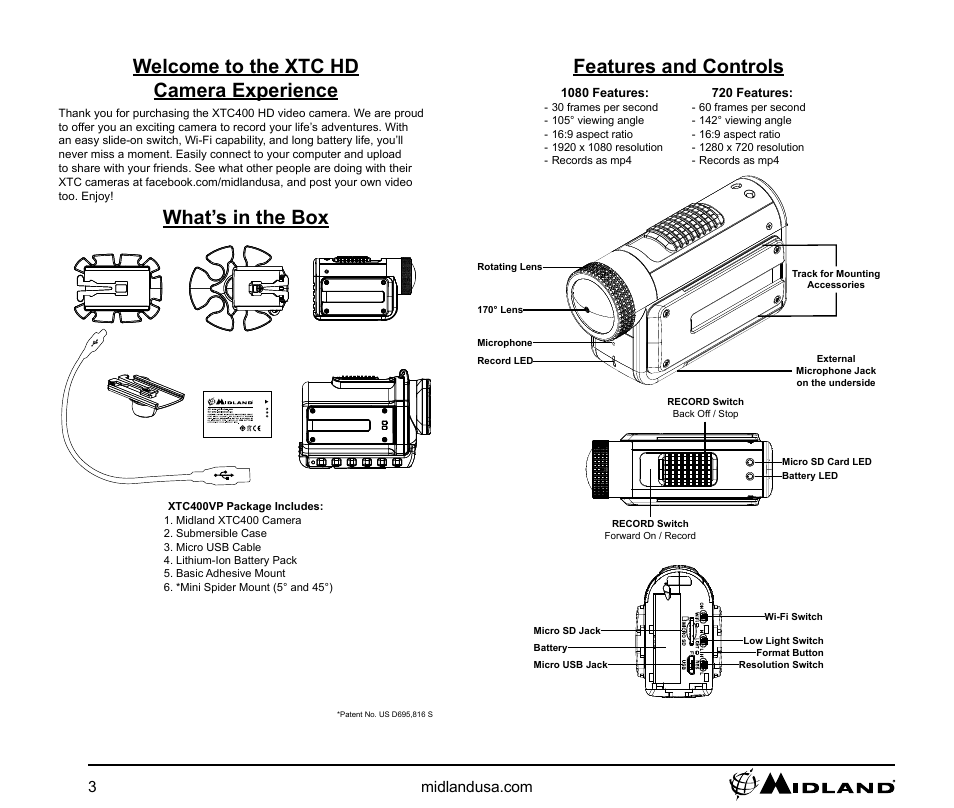 Welcome to the xtc hd camera experience, What’s in the box, Features and controls | MIDLAND XTC 400 User Manual | Page 3 / 14