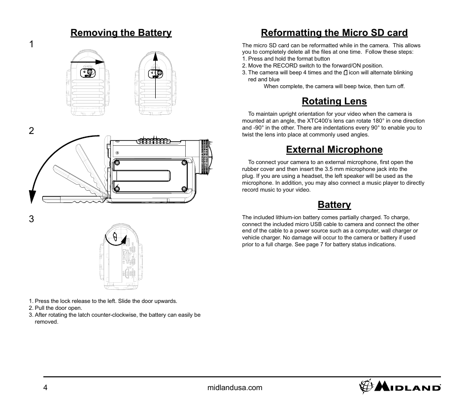Removing the battery, Reformatting the micro sd card, Rotating lens | External microphone, Battery, Removing the battery 1 2 3 | MIDLAND XTC 400 User Manual | Page 4 / 14