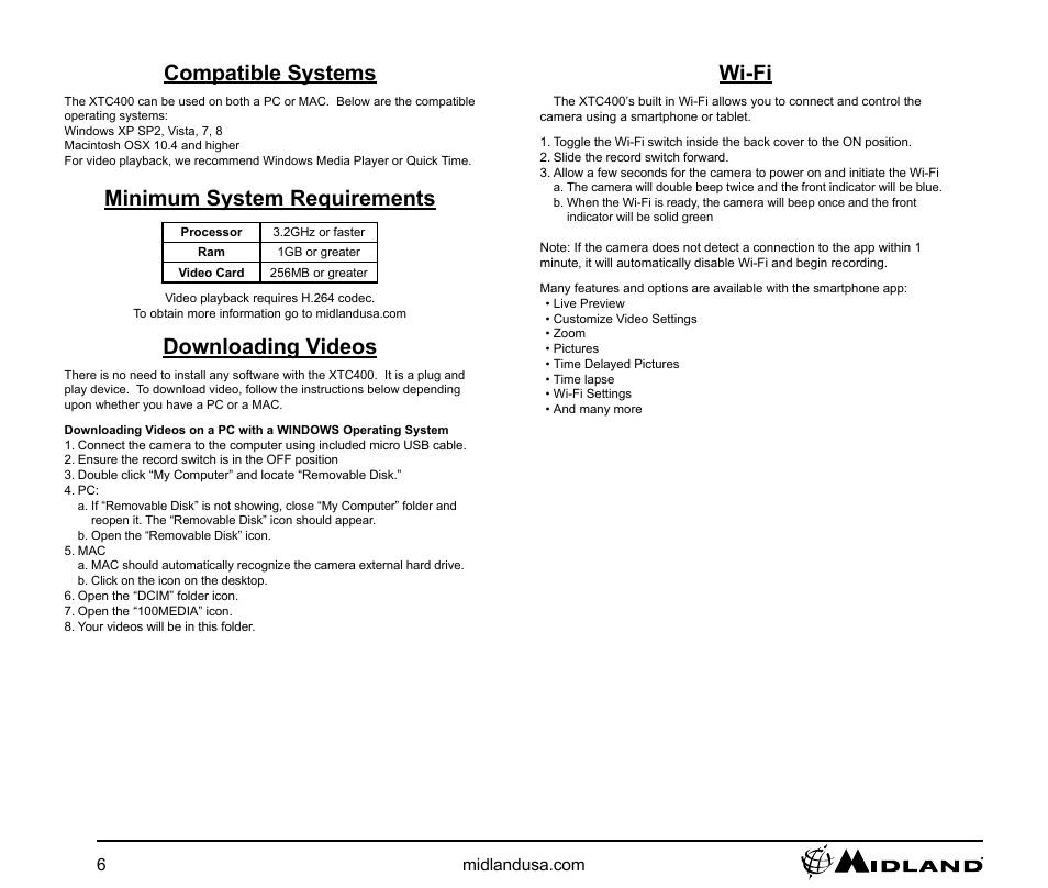 Compatible systems, Minimum system requirements, Wi-fi | Downloading videos | MIDLAND XTC 400 User Manual | Page 6 / 14