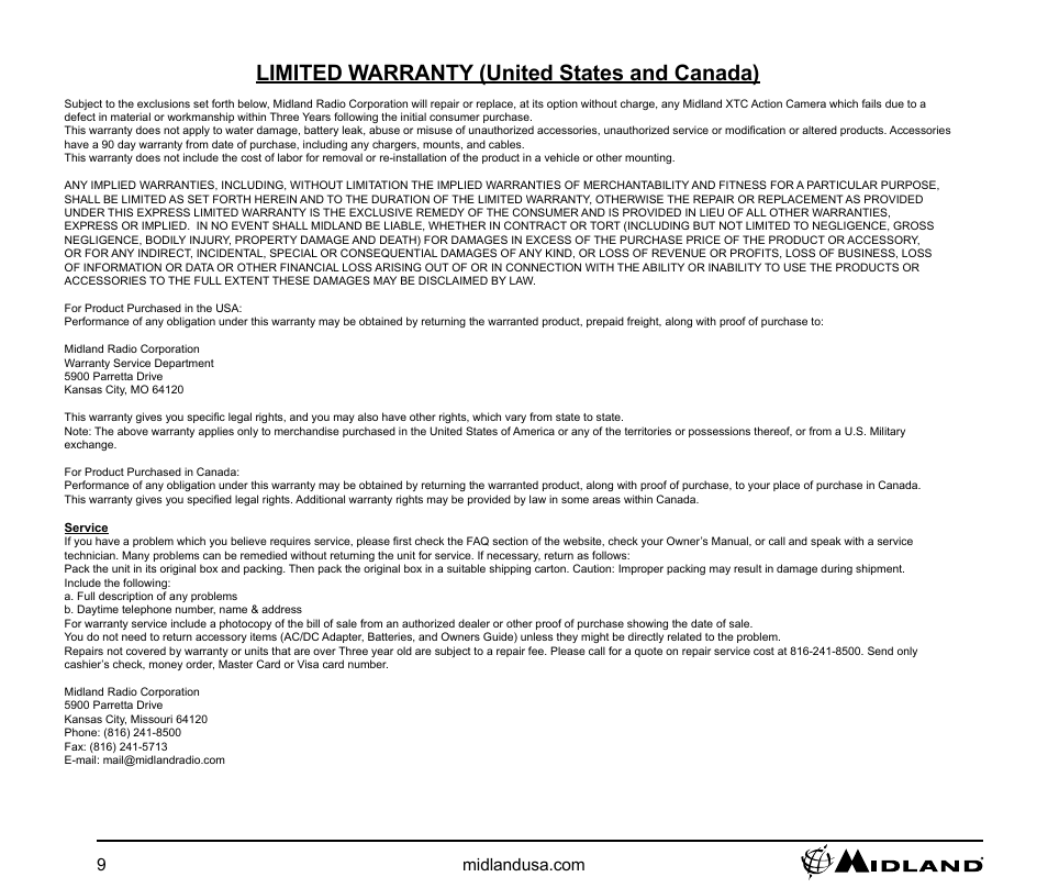 Limited warranty (united states and canada), Service | MIDLAND XTC 400 User Manual | Page 9 / 14