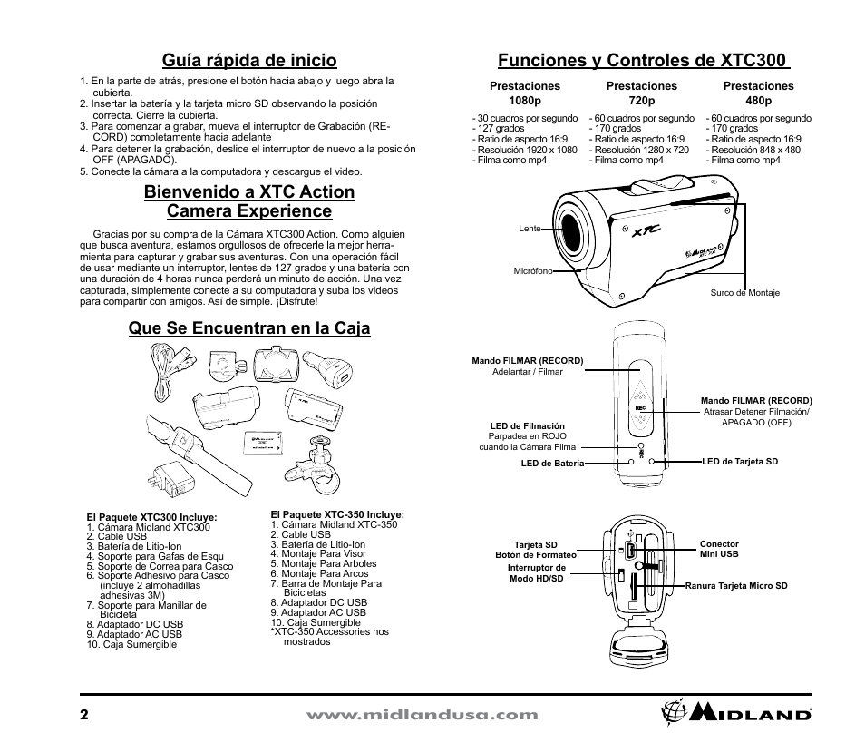 Funciones y controles de xtc300, Que se encuentran en la caja, Guía rápida de inicio | Bienvenido a xtc action camera experience | MIDLAND XTC300 User Manual | Page 2 / 11