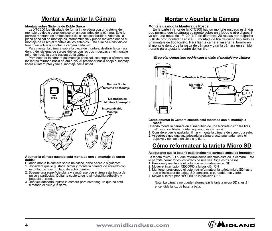 Montar y apuntar la cámara, Cómo reformatear la tarjeta micro sd | MIDLAND XTC300 User Manual | Page 4 / 11