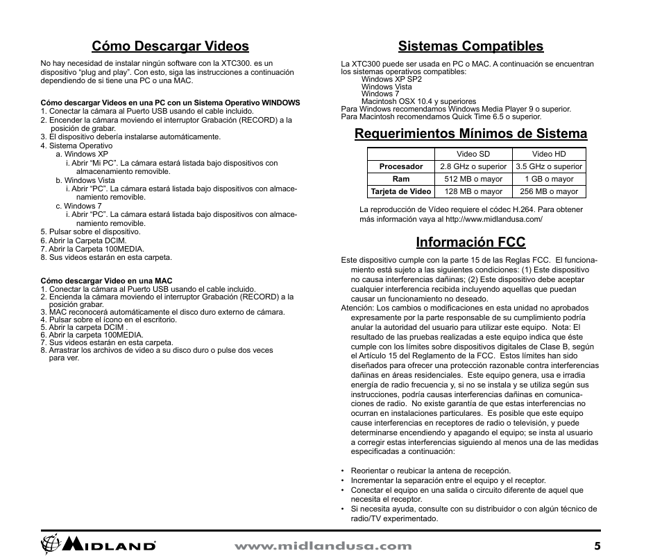Cómo descargar videos, Sistemas compatibles, Requerimientos mínimos de sistema | Información fcc | MIDLAND XTC300 User Manual | Page 5 / 11