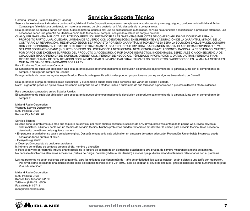 Servicio y soporte técnico | MIDLAND XTC300 User Manual | Page 7 / 11