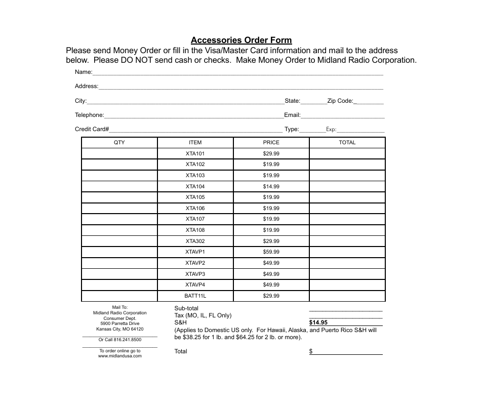 Accessories order form | MIDLAND XTC300 User Manual | Page 9 / 11