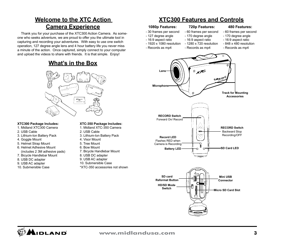 What’s in the box, Welcome to the xtc action camera experience, Xtc-300 features and controls | Xtc300 features and controls | MIDLAND XTC300 User Manual | Page 3 / 12