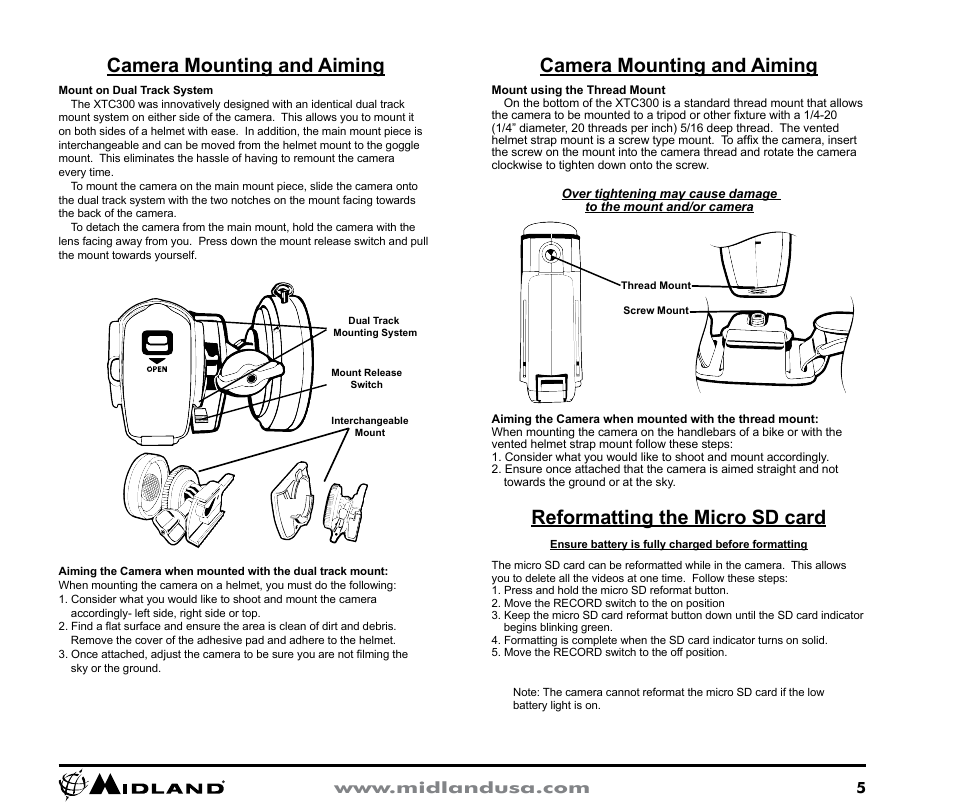 Camera mounting and aiming, Reformatting the micro sd card | MIDLAND XTC300 User Manual | Page 5 / 12