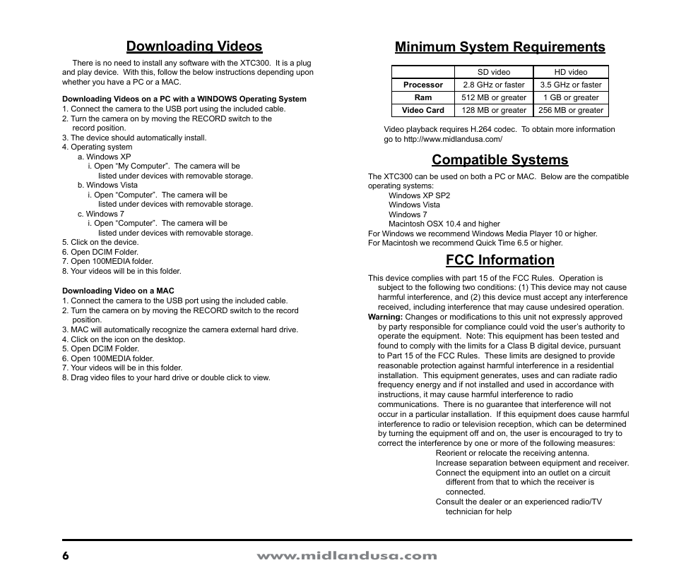 Downloading videos, Minimum system requirements, Compatible systems | Fcc information | MIDLAND XTC300 User Manual | Page 6 / 12