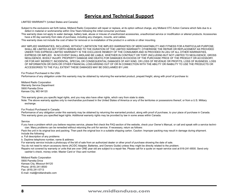 Service and technical support | MIDLAND XTC300 User Manual | Page 8 / 12