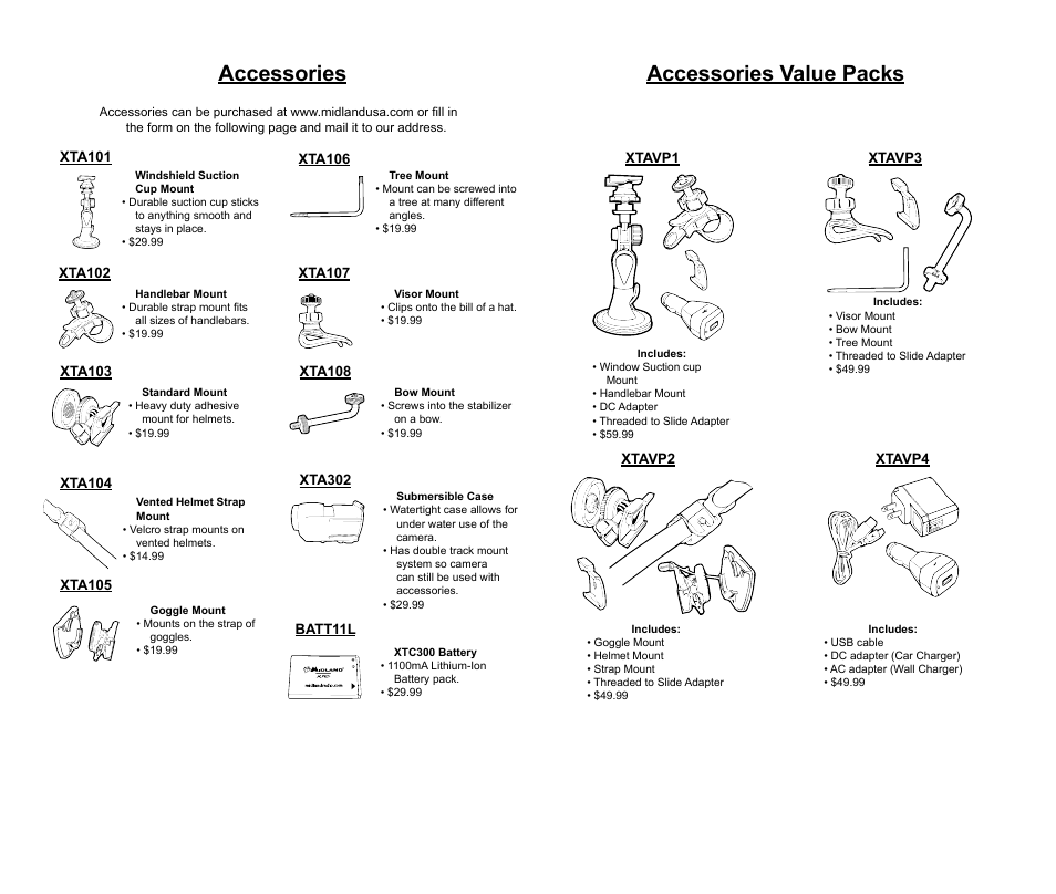 Accessories, Accessories value packs | MIDLAND XTC300 User Manual | Page 9 / 12