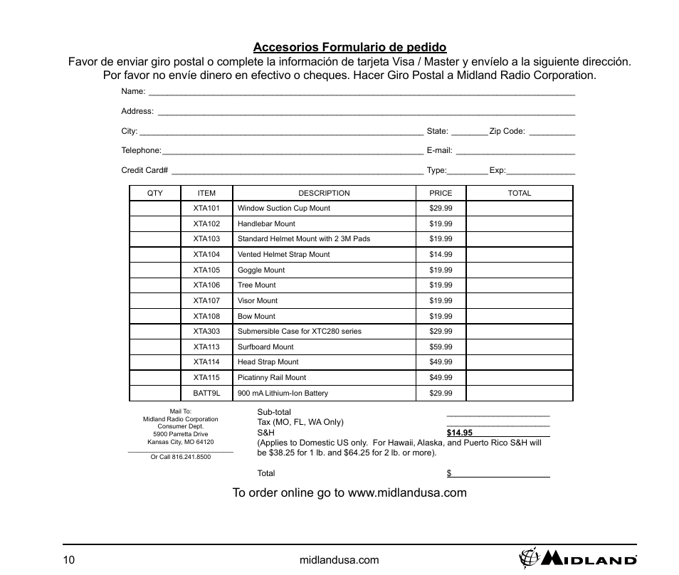 Accesorios formulario de pedido | MIDLAND XTC-280 User Manual | Page 10 / 12