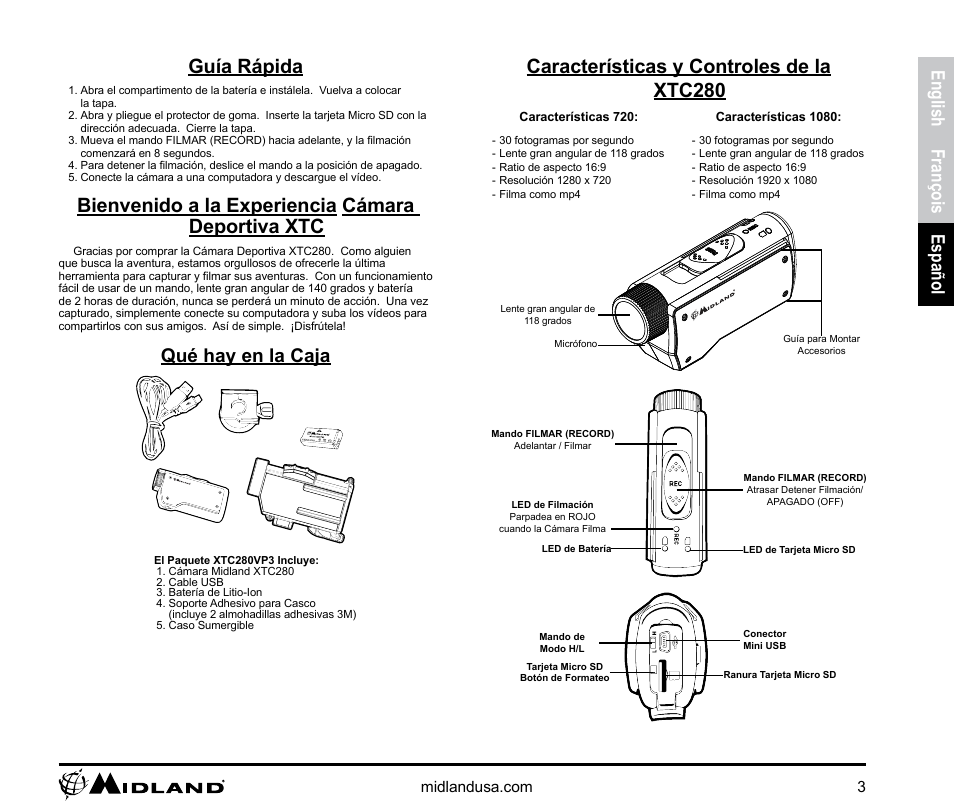 Español, Guía rápida, Bienvenido a la experiencia cámara deportiva xtc | Qué hay en la caja, Características y controles de la xtc280, English françois español | MIDLAND XTC-280 User Manual | Page 3 / 12